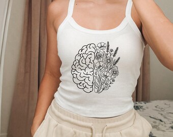 Mental Health Tank Top Bella Canvas 1012 Micro Rib Floral Brain Shirt Minimalist Wildflower Cami Aesthetic Self Care Gift Therapy Top