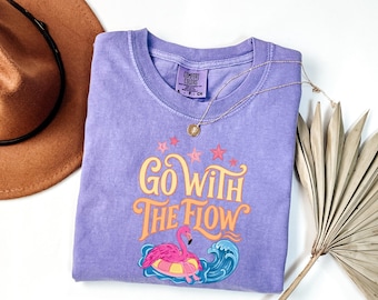 Go With The Flow Shirt Comfort Colors 1717 Flamingo Summer Tee Retro Beach Vacation T-Shirt Funny Floating The River Pool Day Graphic Top