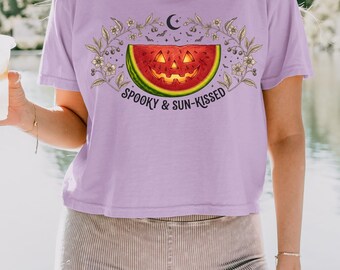 Summerween Shirt Comfort Colors 3023 Spooky And Sun Kissed Cropped Tee Halloween Watermelon Shirt Vintage Retro Graphic Top Aesthetic Gift