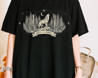 Comfort Colors Wolf Of The Forest Shirt, Vintage Mountains Nature T-Shirt 1717, Retro Howling Wolf Celestial Moon Women Graphic Tee