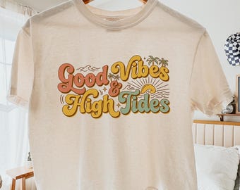 Comfort Colors Good Vibes High Tides Crop Top, Vintage Beach Summer T-Shirt 3023CL, Retro Coastal Palms Sunset Women Graphic Tee