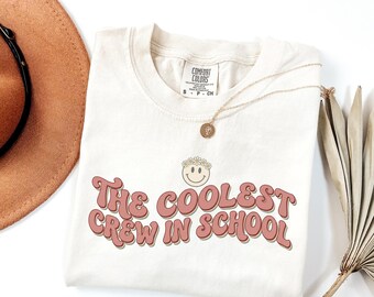 The Coolest School Crew Shirt Comfort Colors 1717 Groovy Smiley Face Teacher Tee Retro Back To School T-Shirt Cute Classroom Graphic Top