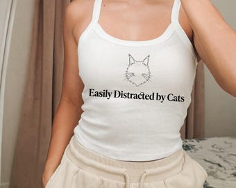 Easily Distracted By Cats Tank Top Bella Canvas 1012 Micro Rib Funny Cat Mom Shirt Minimalist Kitten Cami Aesthetic Animal Lover Gift Top