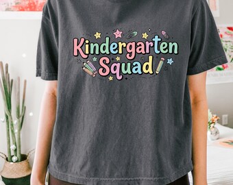 Comfort Colors Kindergarten Squad Shirt, Vintage Back To School T-Shirt 1717, Retro Pastel Teacher Crew Rainbow Kids Women Graphic Tee