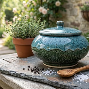 Peut inclure: Un bol en céramique bleu-vert avec couvercle et bordure festonnée, posé sur une ardoise avec une cuillère en bois, du sel et des grains de poivre. Herbes en pot et jardin en arrière-plan.