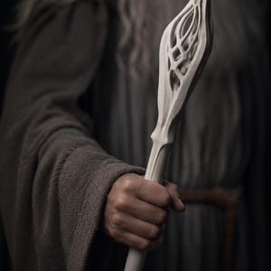 May include: A light-coloured wooden staff with a detailed, openwork design at the top. The staff is held by a person wearing a grey robe. The top of the staff has a stylized, flame-like shape.