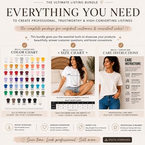 May include: A digital download bundle with the text "EVERYTHING YOU NEED" to create professional listings. Includes color charts, size charts, and care instructions. The bundle promises to help customers find the perfect fit and increase conversions.
