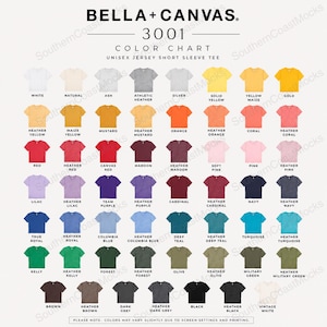 May include: Color chart for Bella+Canvas 3001 unisex short sleeve tee shirts. The chart displays a variety of colors, including white, yellow, red, blue, green, and brown. Each color is represented by a small t-shirt graphic with the color name below.