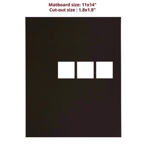 May include: A chocolate brown rectangular matboard with three square cut-outs arranged horizontally. The text reads: Chocolate Brown Trio Mat, Matboard size: 11x14", Cut-out size: 1.8x1.8". The matboard is a solid dark brown color with a smooth finish.