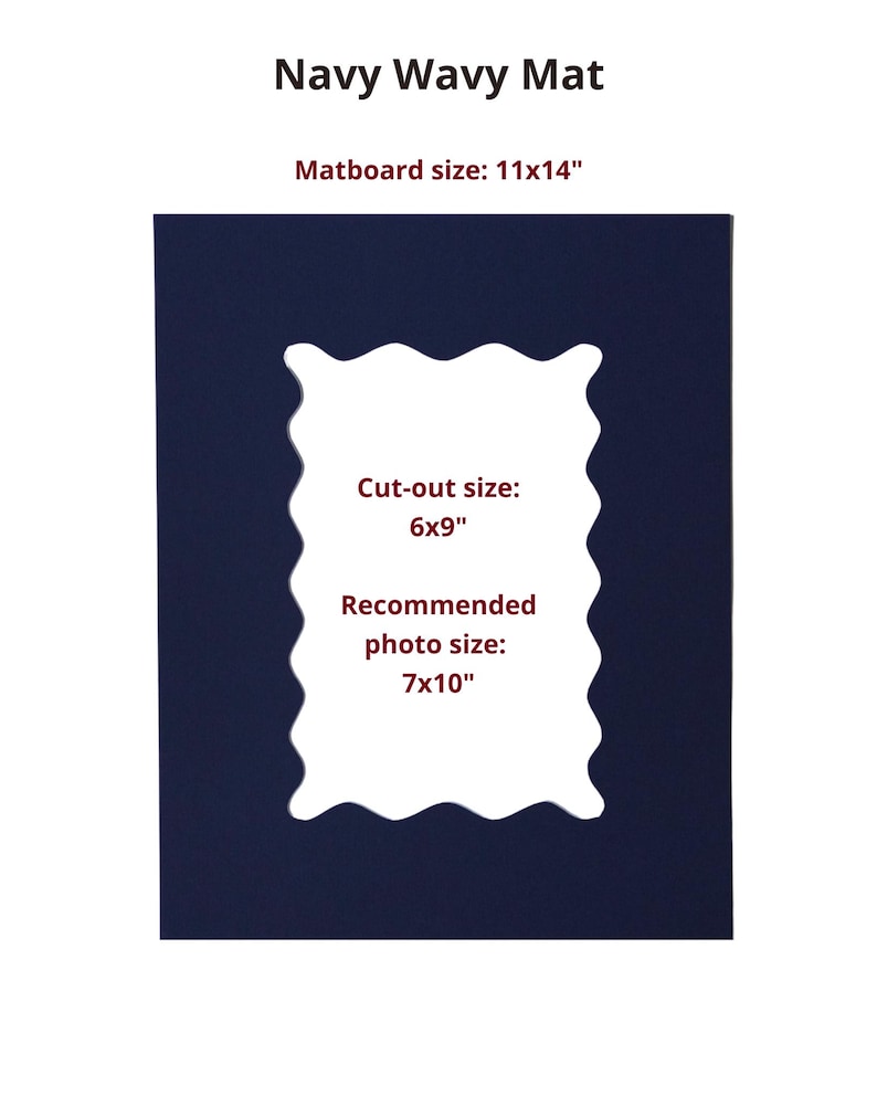 May include: A navy blue rectangular matboard with a wavy-edged central cut-out. Text reads: Navy Wavy Mat, Matboard size: 11x14", Cut-out size: 6x9", Recommended photo size: 7x10". The matboard is a solid dark blue color with a smooth, flat finish.