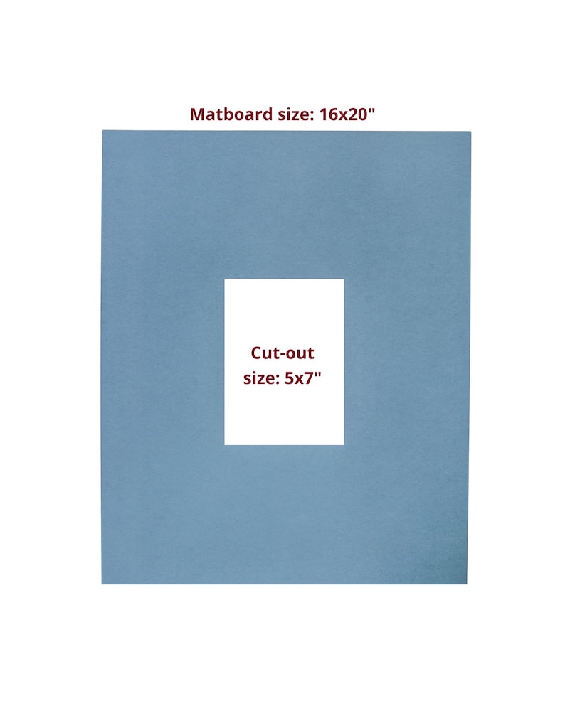 K&ouml;nnte beinhalten: Eine blaue Passepartout-Karte mit einer Au&szlig;enabmessung von 40,6 x 50,8 cm und einem Ausschnitt von 12,7 x 17,8 cm. Text auf dem Bild zeigt die Gr&ouml;&szlig;en. Das Passepartout hat eine einfarbige, hellblaue Farbe.