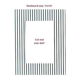 May include: A rectangular matboard with a forest green and white vertical striped pattern. The text reads Forest Green Strip Mat, Matboard size: 11x14", and Cut-out size: 6x9". The matboard features a central rectangular cut-out for framing.