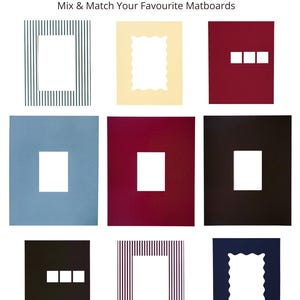 May include: A collection of nine rectangular matboards in various colors and patterns, including striped, solid red, blue, black, and cream, with different cutout shapes. Text at the top reads: Choose any 3 & Save, Mix & Match Your Favourite Matboards.