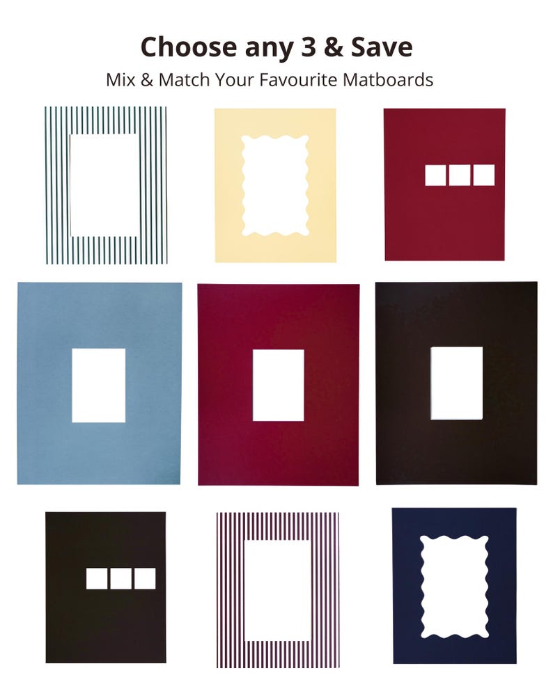 May include: A collection of nine rectangular matboards in various colors and patterns, including striped, solid red, blue, black, and cream, with different cutout shapes. Text at the top reads: Choose any 3 & Save, Mix & Match Your Favourite Matboards.