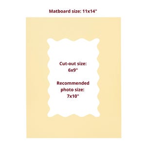 May include: A butter yellow rectangular matboard with a wavy-edged central cut-out. Text reads: Butter Yellow Wavy Mat, Matboard size: 11x14", Cut-out size: 6x9", Recommended photo size: 7x10". The mat features a solid light yellow color throughout.