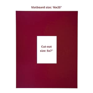 May include: A burgundy matboard with a 12.7 x 17.8 cm cut-out. The matboard measures 40.6 x 50.8 cm overall. Text on the image reads "Matboard size: 16x20" and "Cut-out size: 5x7".