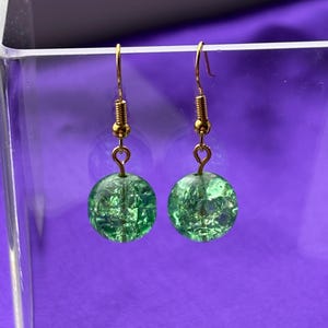 Spring Green Glass Sphere Earrings • Crackled Texture • Simple Gold Hooks • Everyday Handmade Earrings