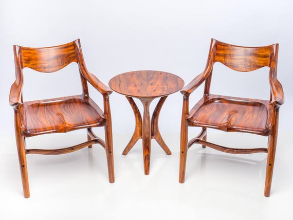 Armchairs With Table, Built From Curly Acacia Koa, Listed