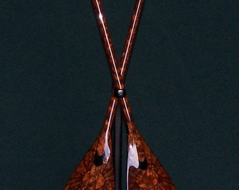 Wooden Canoe Paddles, Matched Pair of 1/3rd Scale, 5 Degree S-Blades, "African Sun" Design, on an Ebony Display Stand