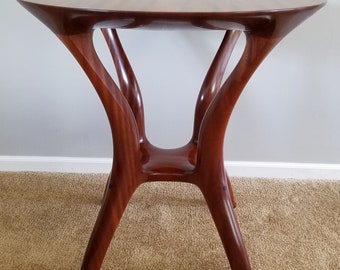 Sculpted Wooden Table, Solid Sapele, 30" Diameter X 29.5" tall, Functional Art Piece, End Table or Occasional Table with high-grade finish