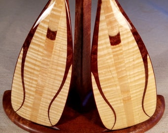 Miniature Canoe Paddles, 1/3rd Scale, Matched Pair of "White Beauty III" design, with desktop/wall-mounted Display Stand built of Sapele