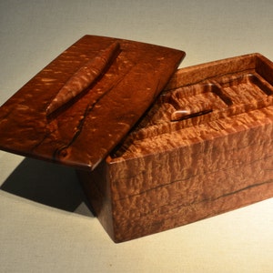 Wooden Keepsake Box, Heavily Checked Pommele Sapele, Canoe Themed box