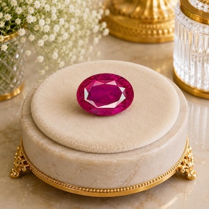 May include: A large, oval-cut ruby gemstone, deep red in color, is displayed on a round, beige velvet platform. The platform sits atop a decorative, marble-like stand with gold accents. The gemstone is the focal point.