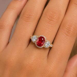Mozambique Oval Ruby Diamond Halo Ring, 18K Yellow Gold Statement Cocktail Ring