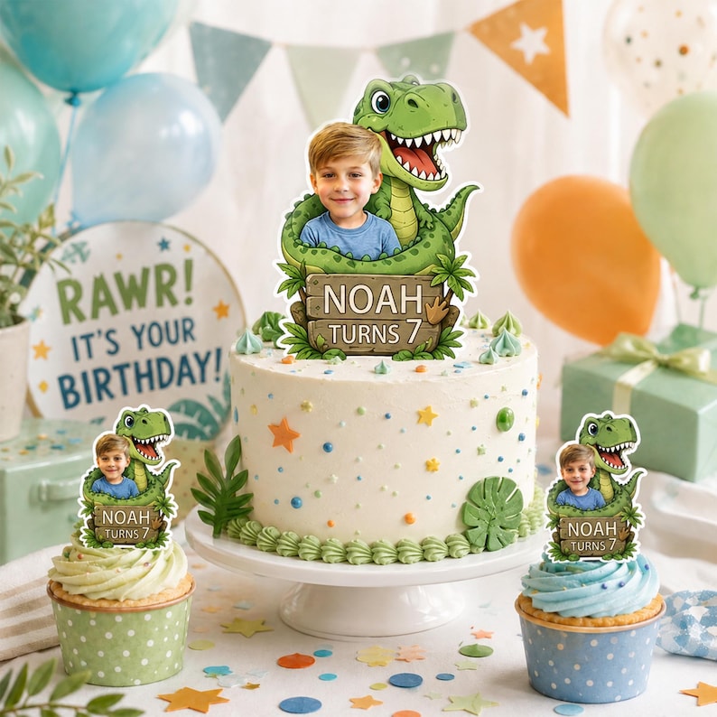 Personalized Cartoon Photo Cake Topper Set, Custom Name Age Cupcake ...