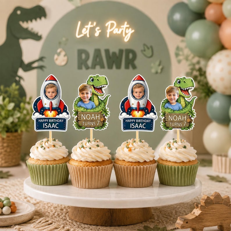 Personalized Cartoon Photo Cake Topper Set, Custom Name Age Cupcake ...