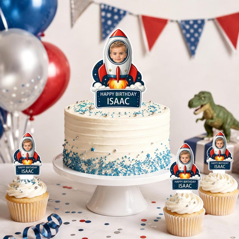 Personalized Cartoon Photo Cake Topper Set, Custom Name Age Cupcake ...