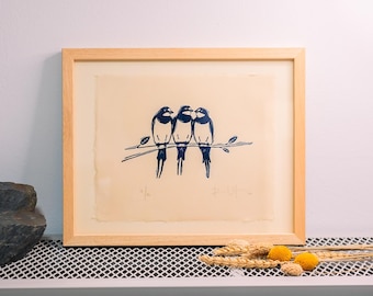 Limited Edition Swallows Linocut Print – Three Birds Friendship Artwork, Japanese Rice Paper (190x230mm)