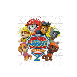 May include: A graphic design featuring the Paw Patrol characters surrounding a central shield emblem. The text reads Jamari Birthday Boy with a large blue number 2 below. The characters include Marshall, Chase, Rubble, Skye, Rocky, and Zuma.