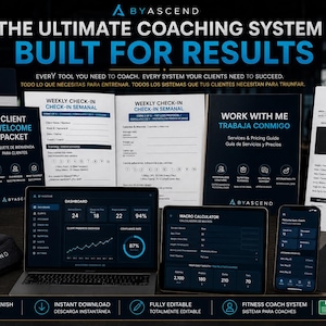 May include: A digital coaching system with the text "The Ultimate Coaching System Built for Results." The image includes a laptop, tablet, and smartphone displaying dashboards and calculators. Also included are printed guides and a water bottle.