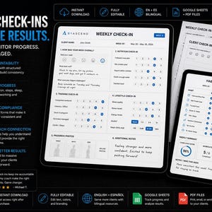 May include: Digital weekly check-in forms on tablets and paper. The forms track habits, monitor progress, and keep clients engaged. The forms are fully editable and built for coaches.