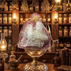 May include: An ornate glass and brass apothecary display with a pink mesh bag holding white lace. The background shows shelves filled with jars of herbs, dried flowers, and antique oil lamps.