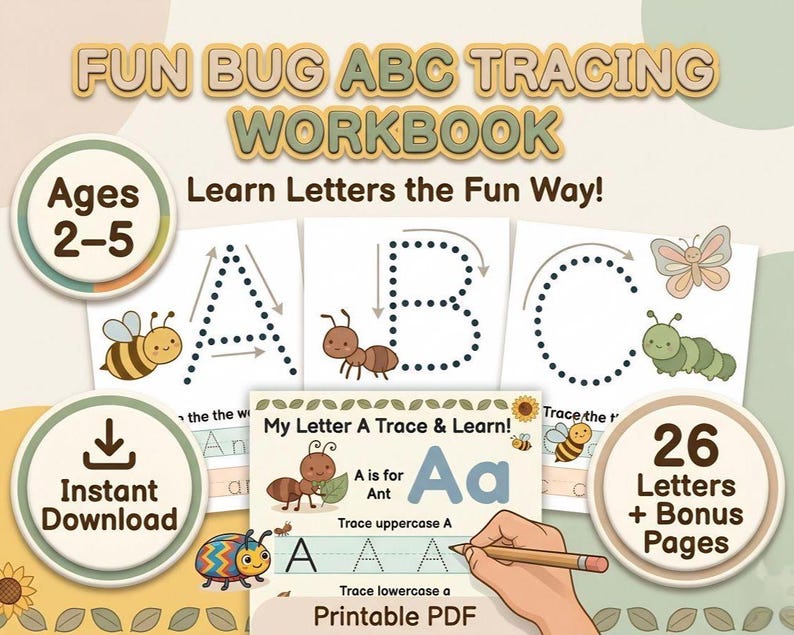 Toddler ABC Tracing Workbook, Bug Theme, Kindergarten Handwriting ...