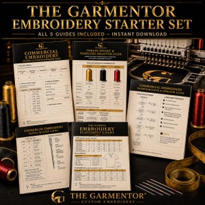 May include: The Garmentor Embroidery Starter Set, with five guides, is for commercial embroidery. Guides cover pricing, thread weight, troubleshooting, needle master, and placement charts. Gold, black, and red thread spools are visible, along with a measuring tape and needles.