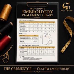 Può includere: Un grafico di posizionamento del ricamo su un appuntamento nero con un metro a nastro dorato, forbici e rocchetti di filo. Il grafico include misure per camicie, cappelli e capispalla. Il testo recita "The Ultimate Embroidery Placement Chart."