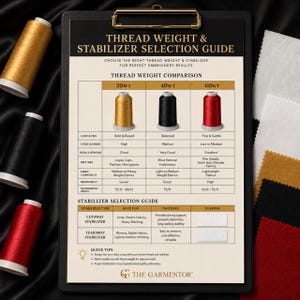 May include: A guide for thread weight and stabilizer selection, with a black clipboard and spools of gold, black, and red thread. The guide provides information on thread weight comparison, stabilizer selection, and quick tips for embroidery.