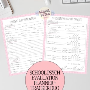 Puede incluir: Un dúo de planificador y rastreador de evaluación de estudiantes. Los formularios rosas y blancos incluyen secciones para datos demográficos, evaluación y notas de reuniones. Diseñado para psicólogos escolares.