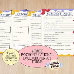 Puede incluir: Un conjunto de cuatro formularios de evaluación psicoeducativa para estudiantes de primaria, maestros y cuidadores. Los formularios de papel blanco presentan bordes ondulados coloridos, líneas en blanco para respuestas y secciones tituladas My Superpowers, What I'm Working On y My Goals.