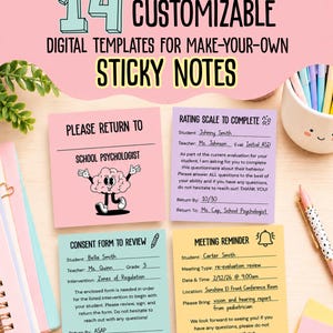 May include: Four square sticky notes in pink, purple, light blue, and yellow featuring printed text and graphics. The notes include templates for school psychologist returns, rating scales, consent forms, and meeting reminders with fillable lines.