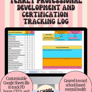 May include: A digital document on a tablet displays a yearly professional development and certification tracking log. The pink-themed document is geared toward school-based mental health professionals. Text includes "Customizable Google Sheets file" and "School Psych Tailored."