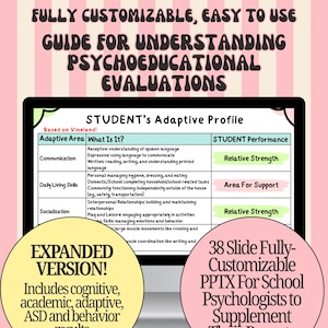 May include: A digital guide for psychoeducational evaluations displayed on a screen. The text reads: FULLY CUSTOMIZABLE, EASY TO USE GUIDE FOR UNDERSTANDING PSYCHOEDUCATIONAL EVALUATIONS. A table shows a STUDENT's Adaptive Profile with categories.