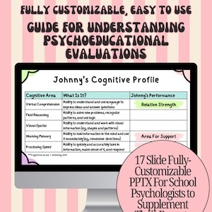 Könnte beinhalten: Ein Computerbildschirm zeigt einen Leitfaden für psychoedukative Bewertungen. Der Bildschirm zeigt eine Tabelle mit dem Titel "Johnnys kognitives Profil" mit kognitiven Bereichen und Leistungsdetails. Der Text enthält "Vollständig anpassbar, einfach zu bedienen" und "17 Folien vollständig anpassbar PPTX".