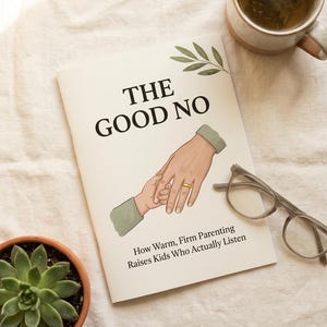 Op de afbeelding: Een boek getiteld "The Good No" met een illustratie van twee handen die elkaar vasthouden. Het boek wordt vergezeld door een kopje thee, een kleine vetplant in een terracotta pot en een bril. De ondertitel van het boek luidt: "How Warm, Firm Parenting Raises Kids Who Actually Listen."