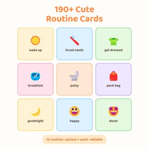 May include: A set of 190+ Cute Routine Cards featuring colorful square icons with illustrations and text labels for daily tasks like wake up, brush teeth, get dressed, breakfast, potty, pack bag, goodnight, happy, and done, with 16 routines.