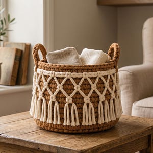 May include: A round, brown crocheted basket featuring two sturdy handles and a decorative off-white macrame overlay with knotted patterns and hanging fringe tassels. The basket contains folded light-coloured fabric items inside its main compartment.