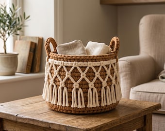 Puede incluir: Una cesta redonda de ganchillo marrón con dos asas resistentes y una superposición decorativa de macramé color hueso con patrones anudados y borlas de flecos colgantes. La cesta contiene telas plegadas de color claro en su interior.